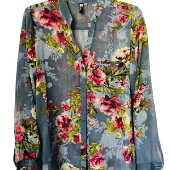 Kut from the Kloth Semi-Sheer Floral Shirt Roll Up Sleeve - Blue/Multi - S - Picture 3 of 8